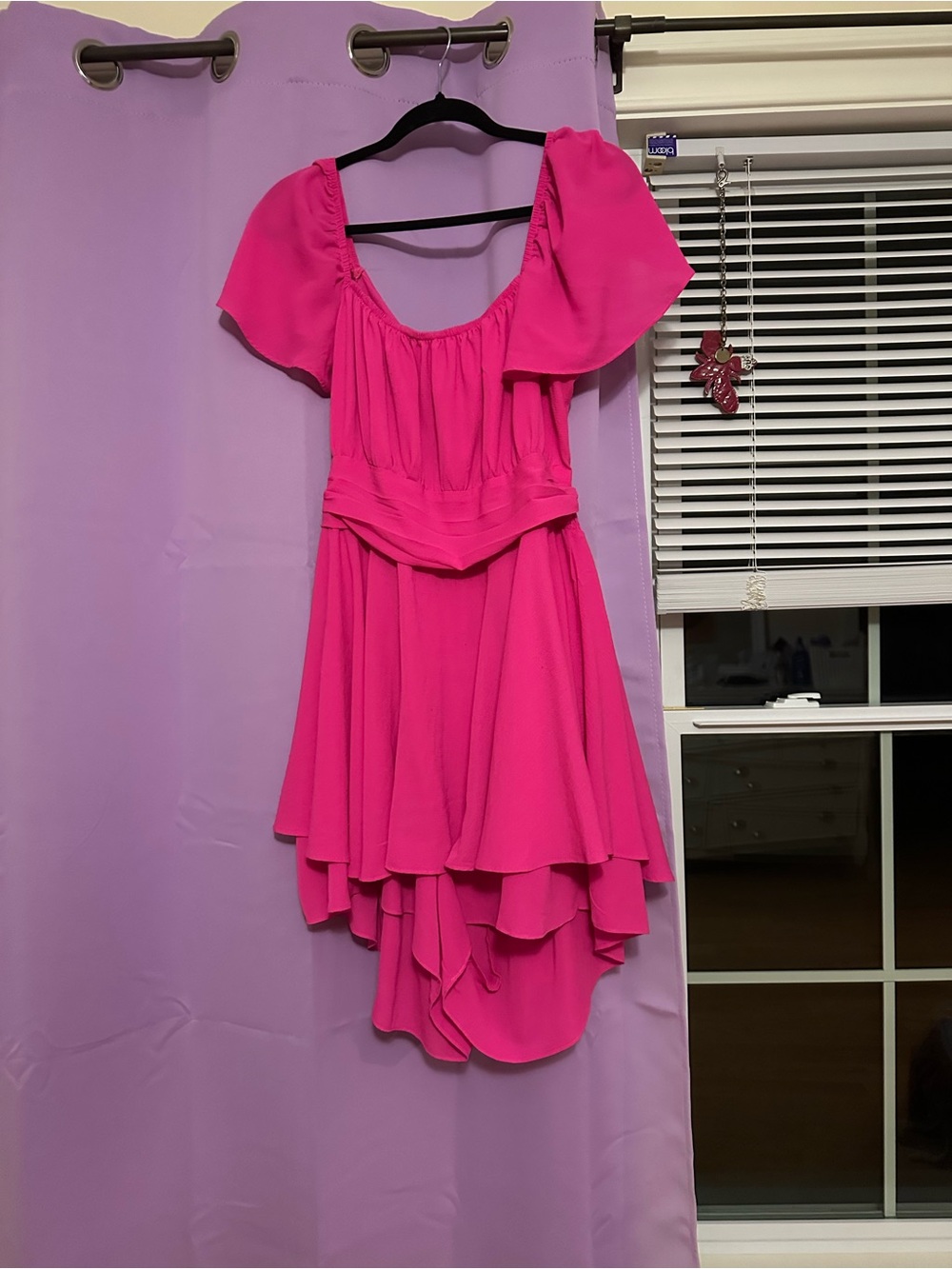 Women Summer Ruffle Short Sleeve Tie Back Romper Dress hot pink